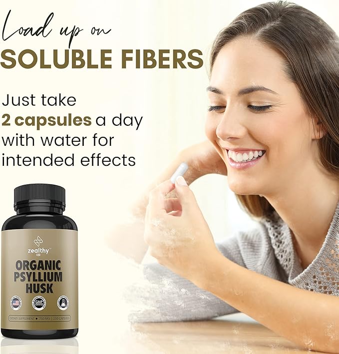 Organic Psyllium Husk Capsules 750 mg, Natural Fiber Supplement for Gut Health* - Alternative to Psyllium Husk Powder, Zealthy Life, 250 Capsules - Pack of 2