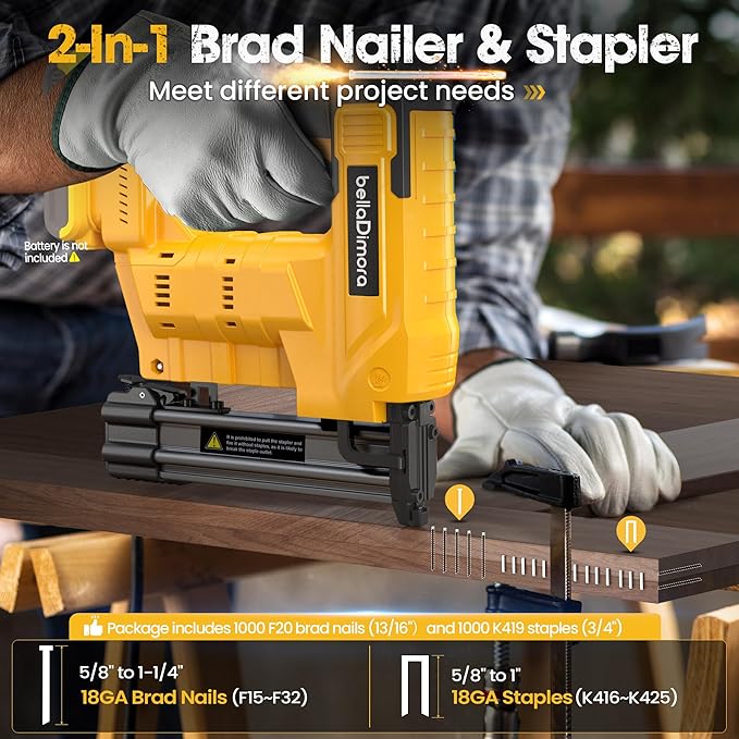 18GA Cordless Brad Nailer & Staple Gun - Compatible with Dewalt 20V Battery - 2-in-1 Brushless Nail Gun with 1000 Nails & Staples - Professional Home Improvement Tool(No Battery)