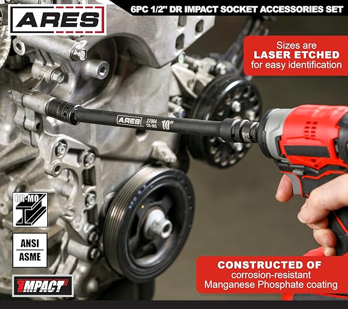ARES 27073-6-Piece 1/2-Inch Drive Impact Socket Accessories Set ??Premium Chrome Moly Steel Universal Joint, Adapters, and Wobble Extensions ??Laser Engraved Size Markings