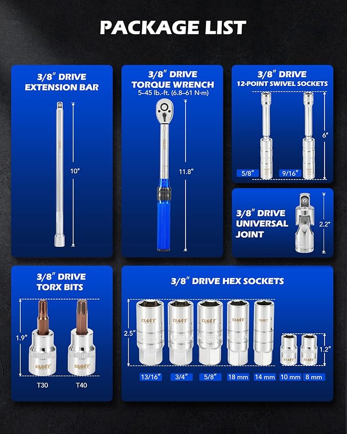 Orion Motor Tech 14pc Spark Plug Socket Set, 3/8 Inch Drive Magnetic Swivel Spark Plug Socket Set with Torque Wrench, Torque Bits, Universal Joint and Extension Bar, 5-45 ft.lb Spark Plug Removal Tool
