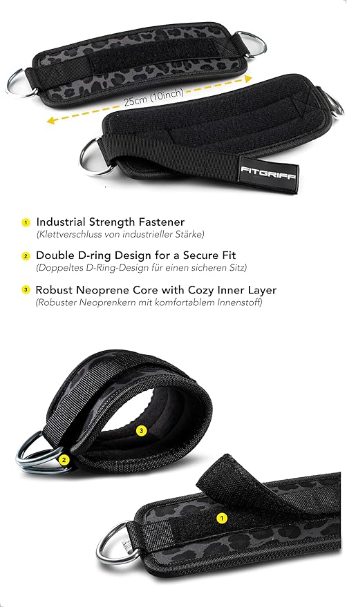 Fitgriff짰 Ankle Straps V1 for Cable Machine (2 Pieces) - Gym Workout Equipment - Leg Pulley Attachment, Kickback Straps
