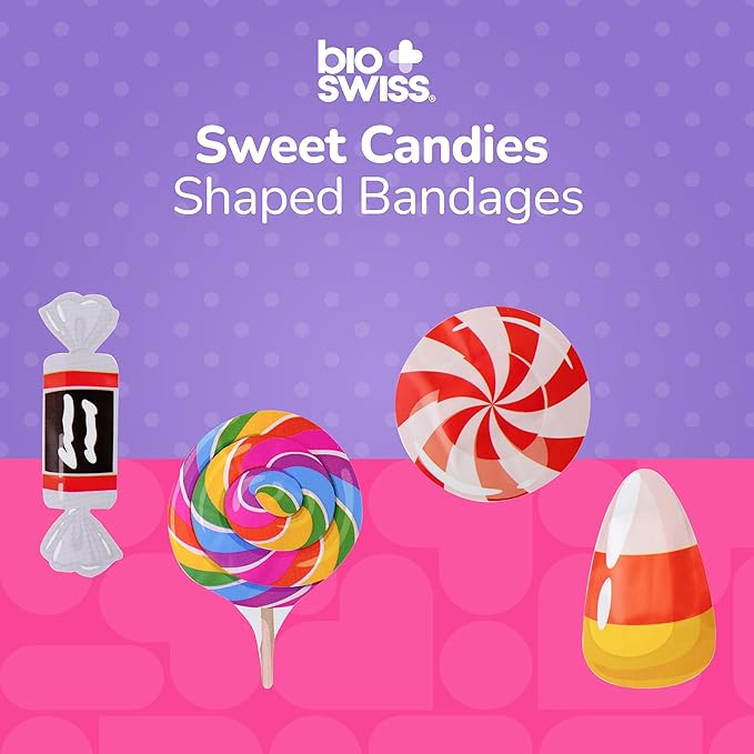 BioSwiss Bandages, Sweet Candies Shaped Self Adhesive Bandage Set, Latex Free, Sterile Wound Care, 50 Count