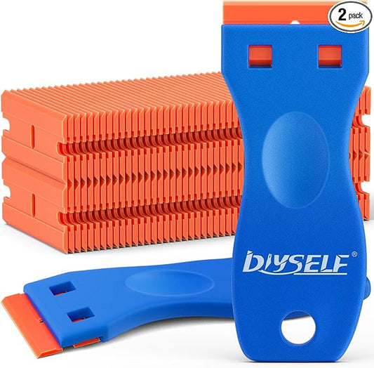 DIYSELF 2 Pack Plastic Razor Blade Scraper, Extra 100Pcs Plastic Razor Blades Refills, Plastic Scraper Tool, Razor Scraper Tool, Blade Scraper Tool for Removing Vinyl, Decals, Stickers, Labels, Glue