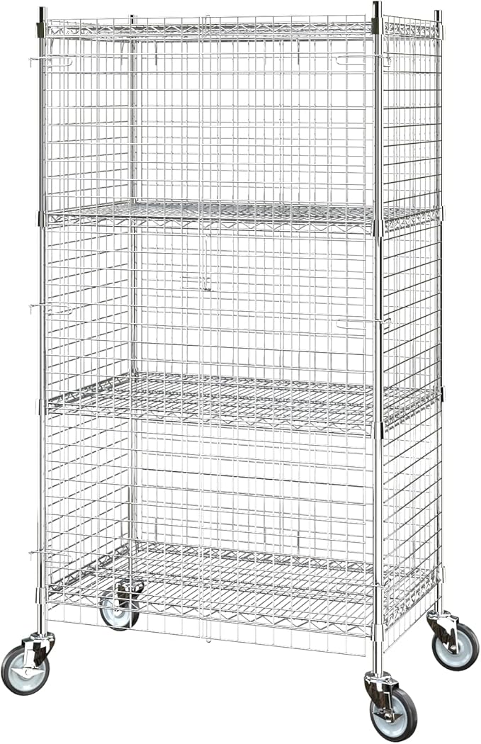 Commercial Grade NSF Listed Metal Wire Mesh Storage Chrome Mobile Security Cage Kit, 24" x 36" x 70", Perfect for Warehouse, Grocery Store, Restaurant, Dishroom