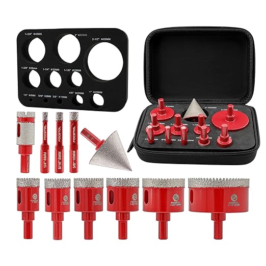 Diamond Core Drill Bit Set - FOCSTOL 11pcs (6/8/10/25/28/32/35/45/65mm+20mm Drilling Milling Bit+50mm Beveling Chamfer Bit) Hole Saw Kit for Porcelain Ceramic Tile Marble Granite with Triangle Shank