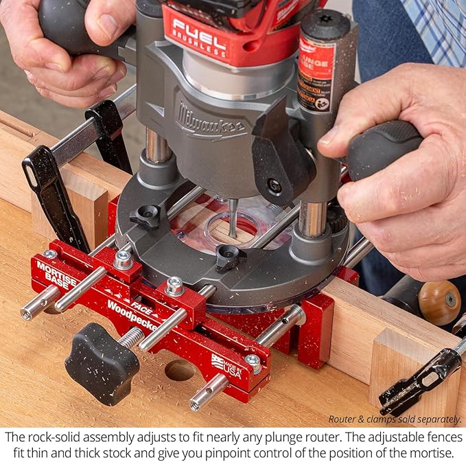 Woodpeckers Mortise Base, Dual-Fence Adjustable Router Base for Precise Mortising and Edge Guiding, Fits Plunge Routers with 5/16" Guide Rods, Aluminum & Stainless Construction, Made in USA MB-516