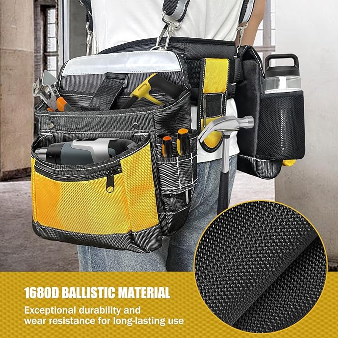 Tool Belt with Suspenders for Men, Heavy Duty Construction Tool Belt with 32 Pockets, 1680D Ballistic Material, Reflective Strips for Safety, HVAC Toolbelt for Men