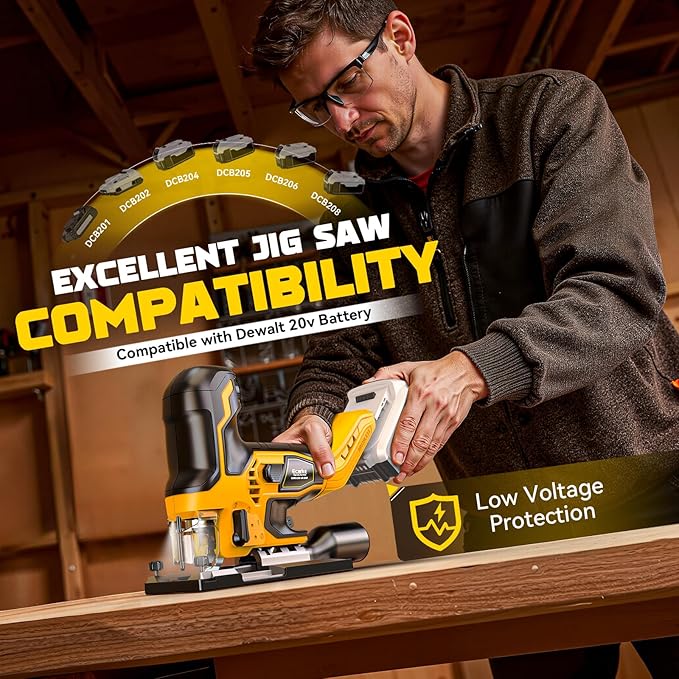 Ecarke Cordless&Brushless Jig Saw Compatible With Dewalt MAX 20V(Only Tool), 3800RPM, 7 Speeds Dial Control, Free-Tool ±45° Bevel Cuts, 4 Orbital Action, Dust Blows and 6 Blades For Cutting