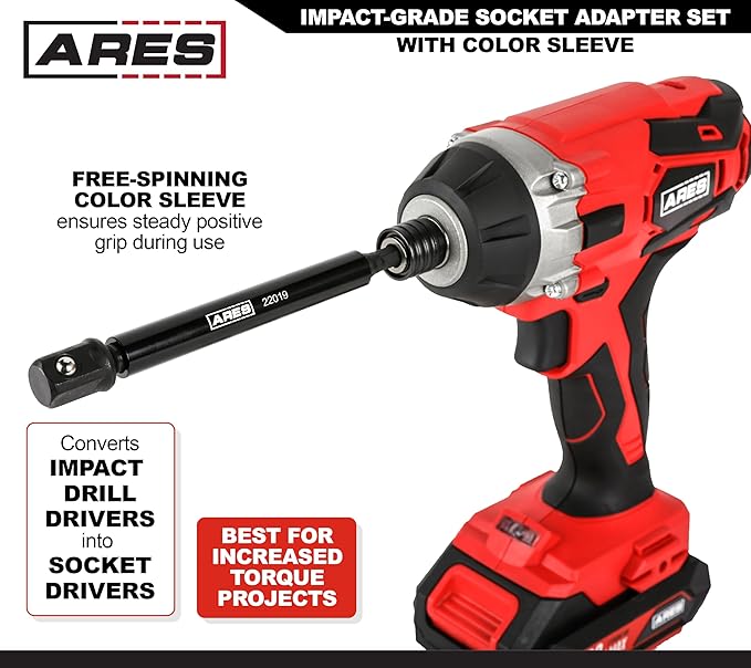 ARES 22013-6-Piece 3-Inch and 6-Inch Impact Grade Socket Adapter Set with Color Sleeve - Turns Impact Drill Drivers into High Speed Socket Drivers - 1/4-Inch, 3/8-Inch, and 1/2-Inch Drive
