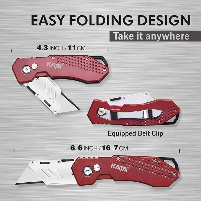 KATA 3-Pack Heavy Duty Box Cutter Folding Utility Knife With Zinc Alloy Body, Quick Change Blades, Lock-Back Design, Extra 12pc Blades For Cartons, Cardboard and Boxes