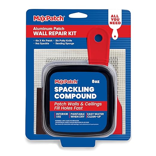 MaxPatch짰 Drywall Repair Kit, 4-Piece Set ??Includes Self-Adhesive Aluminum Patch, 8 oz Spackle, 100% Recycled 3" Putty Knife, and Sanding Sponge ??Multi-Purpose Wall Repair for Drywall, Plaster
