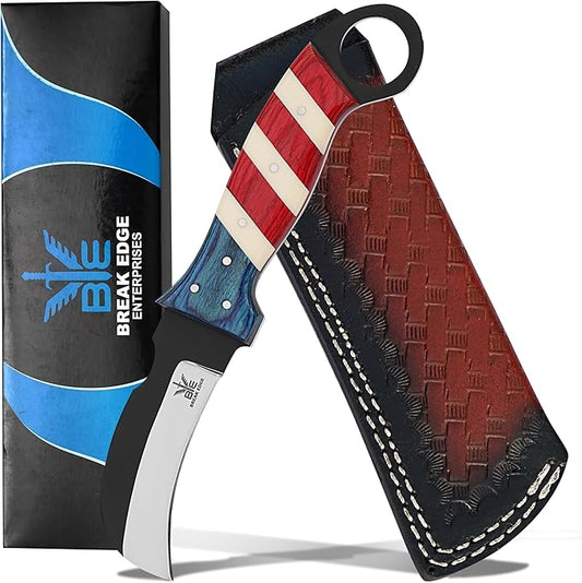 Handmade Steel Lineman’s Hawkbill knife with Leather sheath, Heavy Duty Utility Knife blade Electrician Wire Skinning knife for professional. (Red,White&Blue)