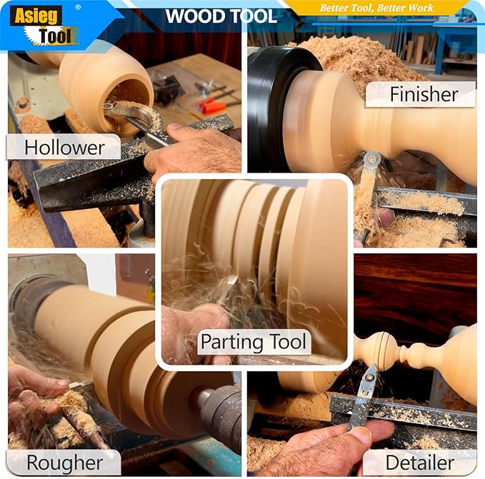 AT05 Carbide Tipped Wood Turning tools Lathe set Rougher Detailer Finisher Swan Neck Hollower Parting Tool with Solid Wood Handle and Diamond Round Square Carbide Inserts 5pcs