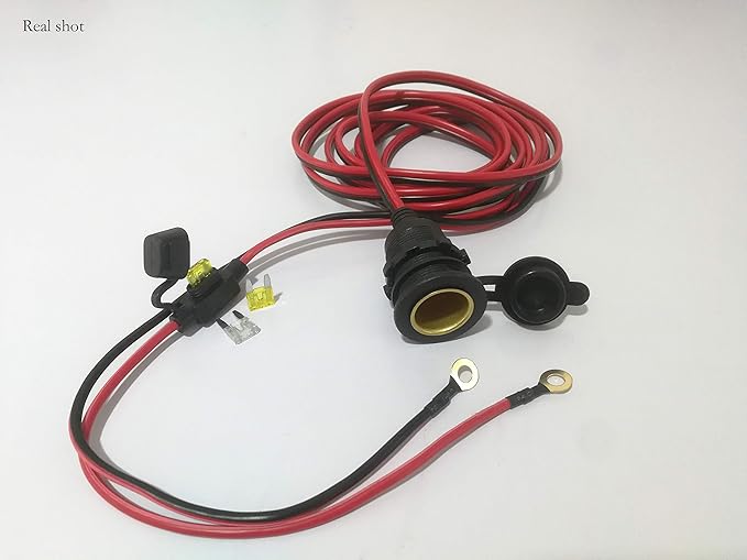 12V/24V Fixed Thread Cigarette Lighter Socket Extension Cable with Perforated Terminal Direct Battery Type car Adapter 2.5mm² 20A Heavy Duty Cable 10FT（Free Two Blade fuses）