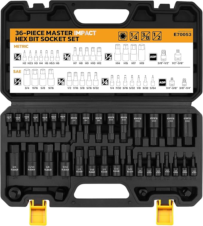 Hex Bit Impact Socket Set: 36-Piece with 4 Adapters, 1/4", 3/8", 1/2"Drive Master Allen Socket Set, Cr-V Steel, SAE and Metric, H5-H19 & 3/4"-5/64", Reinforced Storage Case, Automotive Mechanic