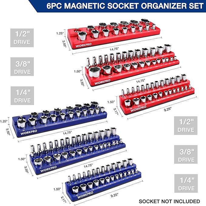WORKPRO Magnetic Socket Organizer Set, 6-Piece Socket Holder Set Includes 1/4", 3/8", 1/2" Drive Metric SAE Socket Trays, Holds 143 Pieces Sockets, Christmas Gift for Men(Socket not Included)