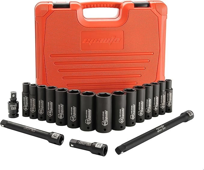 EPAuto 1/2-Inch Drive Metric (10-24 mm) Deep Impact Socket Set | Extension Bar | Universal Joint, Cr-V, 6 Points, 19 Pieces