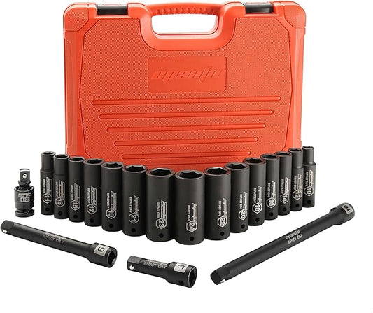 EPAuto 1/2-Inch Drive Metric (10-24 mm) Deep Impact Socket Set | Extension Bar | Universal Joint, Cr-V, 6 Points, 19 Pieces