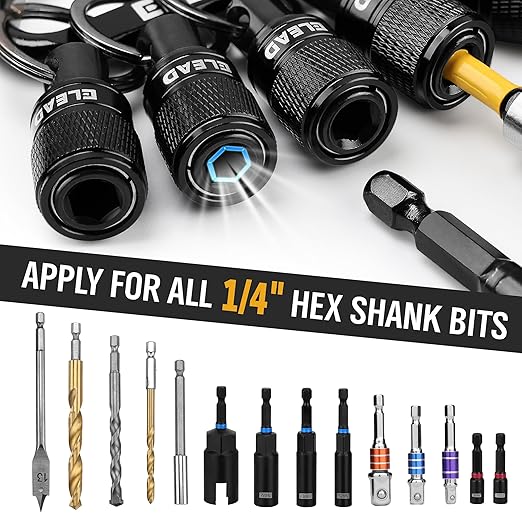ELEAD 6-Piece Bit Holder Key Chain, 1/4 inch Black Hex Shank Bit Holders, Quick Release Design with Keychain Carabiner for Nut Driver, Screwdriver & Drill Bits, Tools Gifts for Men