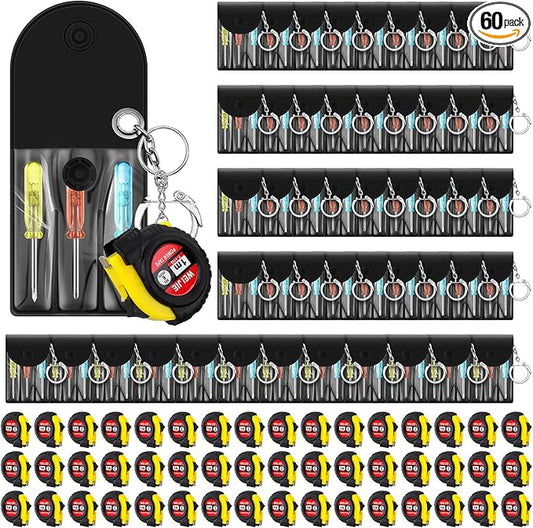 60 Pcs Mini Screwdriver Keychain Tape Measure Keychains Set Mens Gift Bulk Retractable for Adult Xmas Tool Birthday Party
