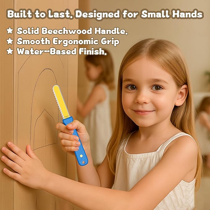 Zentara Kids Cardboard Cutter with Wooden Handle ??Safe Serrated Craft Knife with Rounded Tip, Brass Rivets & Full-Tang Steel Core ??420J2 Stainless Steel ??Ages 5+ DIY Projects
