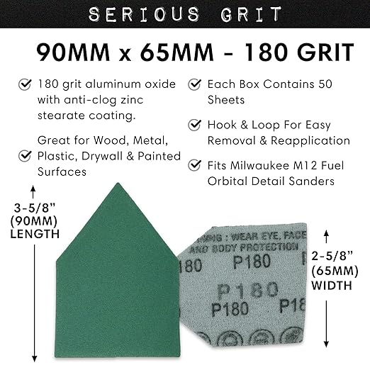 Serious Grit - 180 Grit 90mm x 65mm Triangle Sanding Sheets - Fits Milwaukee M12 Fuel Sanders - Heavy-Duty Hook & Loop Film Sandpaper Pads for Orbital Detail Sanders - 50 Pack Box