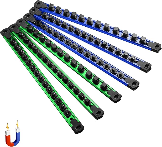 ALOANES 6-Piece Magnetic Socket Organizer, Heavy Duty Aluminum Socket Rails Organizer, 360째 Swivel Clips Socket Holder Kit for Tool Box, 1/2, 3/8, 1/4-Inch Socket Holder x 80 Clips (Green&Blue)