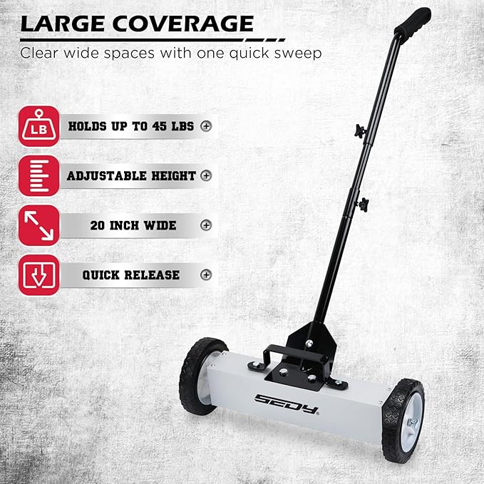 18-Inch Rolling Magnetic Sweeper with 9.5-inch Magnetic Trays, 45-Pound Capacity Telescoping Magnetic Pickup Lawn Sweeper, Adjustable Handle Pick-up Sweeper for Nails, Screws Workshop Garage Yard