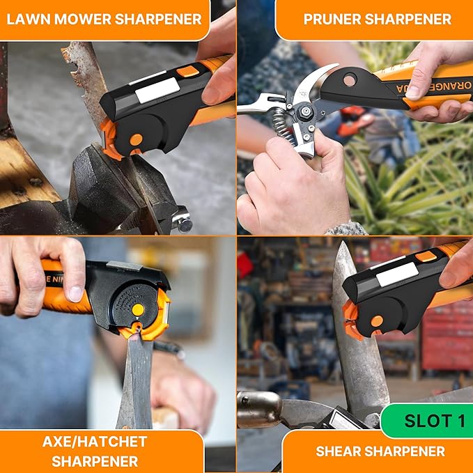 Orange Ninja 7-in-1 Garden Tool & Knife Sharpener ??Sharpens Pocket Knives, Axe, Hatchet, Machete, Pruner & Shears ??One Tool for All Your Outdoor Blades by Sharp Pebble