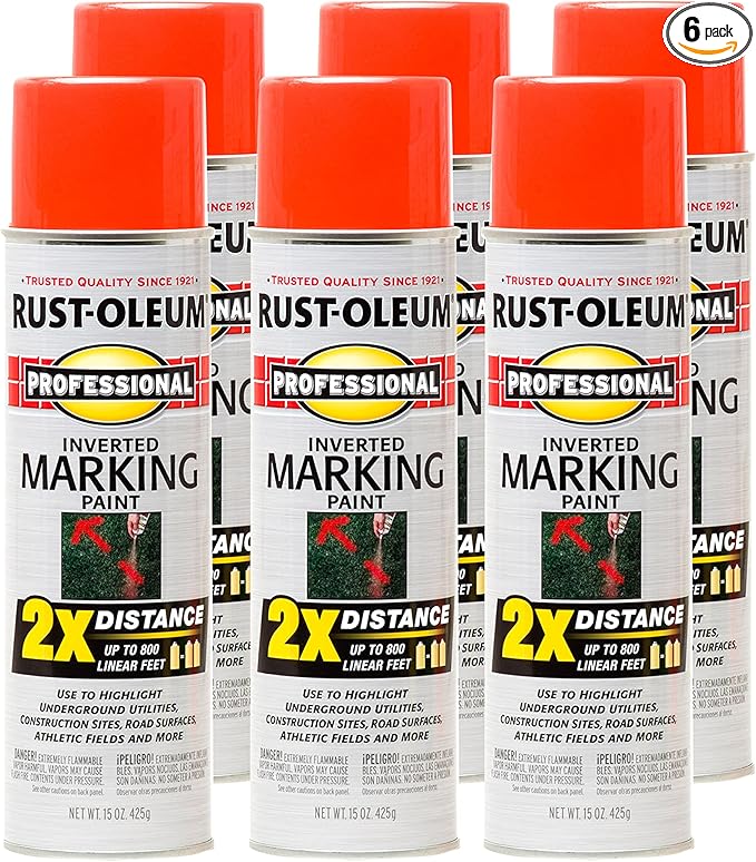 Rust-Oleum 266590-6PK Professional 2X Distance Inverted Marking Spray Paint, 15 oz, Fluorescent Red-Orange, (Pack of 6)