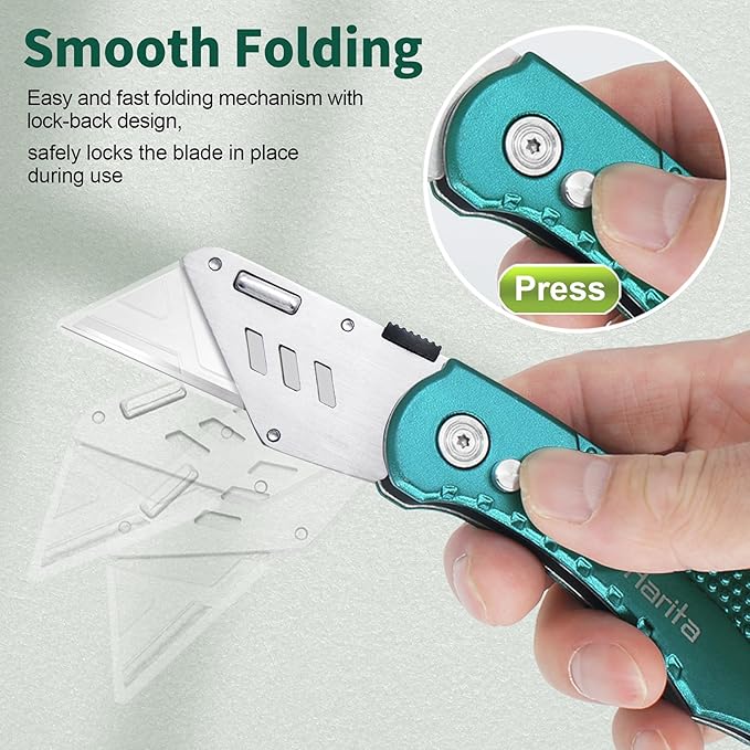 Harita Box Cutter Utility Knife cardboard cutter craft knife Quick Change Blades, Back-lock Mechanism, Portable Belt Clip, with 5-piece Extra Blades, Green