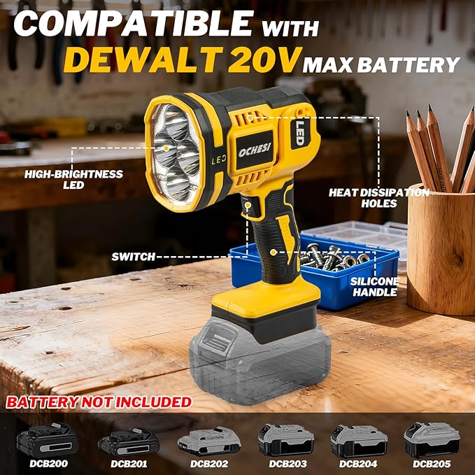 Cordless LED work light compatible with DeWalt 20V MAX Battery, 1500LM Handheld Spotlight with 550 Yard Distance, Flashing mode and Pivoting Head for Workshop, Camping, Jobsites (Battery Not Included)