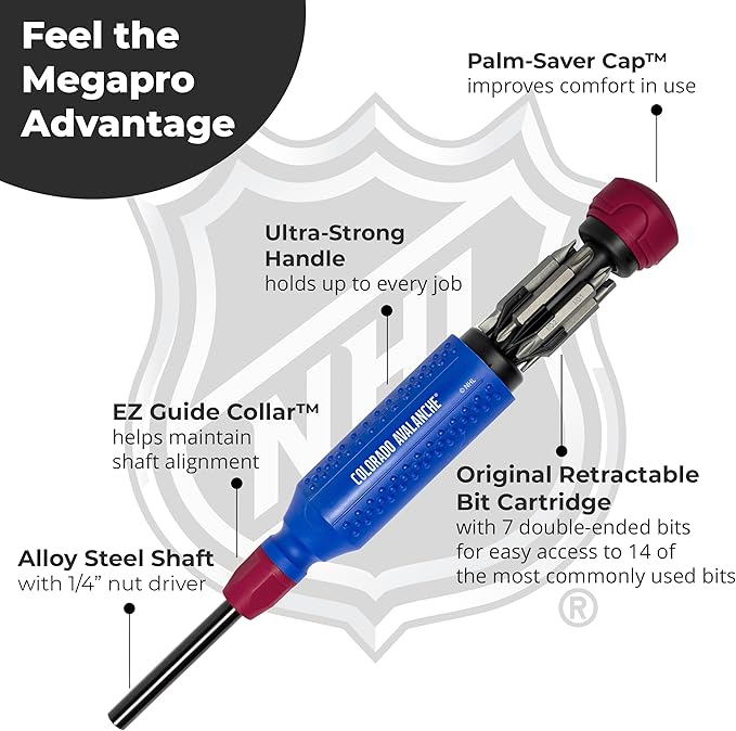 MEGAPRO짰 NHL짰 Team Edition Multi-bit Screwdriver | Officially Licensed NHL짰 Gear | Durable, Ergonomic, Pro-Grade Screwdriver (Colorado Avalanche짰)