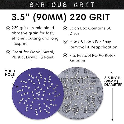 Serious Grit - 3.5-Inch (90mm) 220 Grit Sanding Discs - Advanced Ceramic Grain - Universal Multi-Hole Design Fits Festool RO 90 & Other 3.5 in RO Sanders - Heavy-Duty Hook & Loop Film Discs - 50 Pack