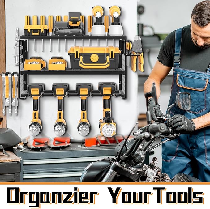 Power Tool Organizer Wall Mount, Heavy Duty 150Lbs Load Capacity with 4 Drill Holders,3 Layer Utility Shelf for Garage Storage and Workshop Organization(Black)