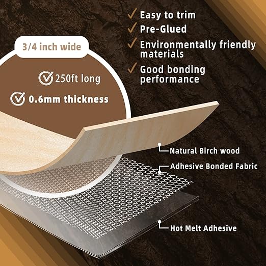 GSCIT Club Birch Edge Banding, 3/4 inch x 250ft roll of Wood Veneer Edge Banding Preglued Flexible, Wood Tape Banding for Cabinet Repair