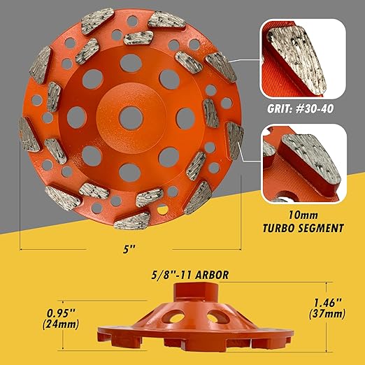 5" High Performance Diamond Grinding Wheels for Aggressive Concrete, Paint, Epoxy, Mastic & Coating Removal, #20 Grit, 18 Segments, 5/8"-11 Threaded Arbor