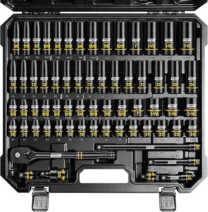 BOEN 1/2" Drive Impact Socket Set, 65-Piece Standard SAE (3/8" to 1-1/4") & Metric (10mm-24mm) Deep & Shallow Socket with Embossed Painted Marking, Includes Adapters, Ratchet Wrench, Extension Bars