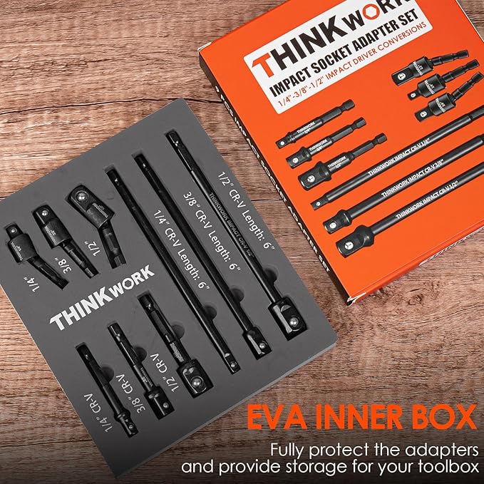 THINKWORK Impact Socket Adapter Set, 1/4" 3/8" 1/2" Drill Socket Adapter Set, 1/4" Hex Shank for Cordless Impact Driver Power Drill 9 Piece