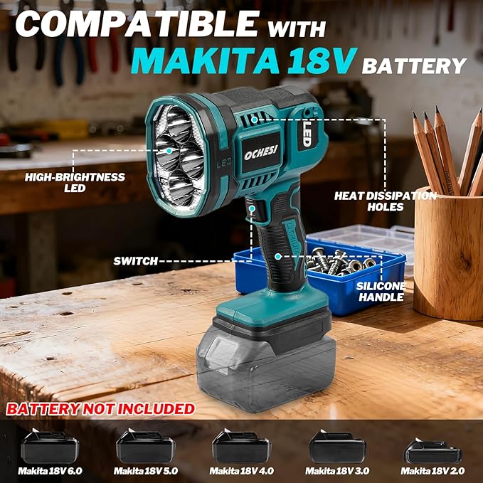 Cordless LED work light compatible with Makita 18V Battery, 1500LM Handheld Spotlight with 550 Yard Distance, Flashing mode and Pivoting Head for Workshop, Camping, Jobsites (Battery Not Included)