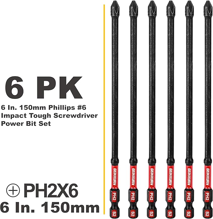 Impact Tough #2 Phillips 6 in. D2 Steel Long Extension Insert Driver Bits,6Pack 1/4 Inch Hex Shank Long Cross Magnetic PH2 Screwdriver Bits Set