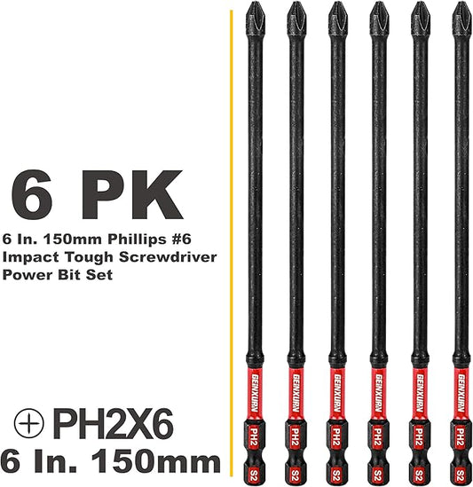 Impact Tough #2 Phillips 6 in. D2 Steel Long Extension Insert Driver Bits,6Pack 1/4 Inch Hex Shank Long Cross Magnetic PH2 Screwdriver Bits Set