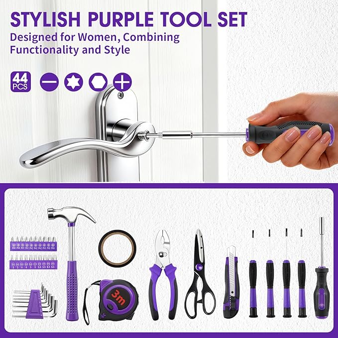 FlexiArc General Household Tool Set - Purple Hand Tool Kit with Waist Pouch & Gloves, Tool Kit for Women Everyday Home Repairs, DIY and Crafts, 112 pcs