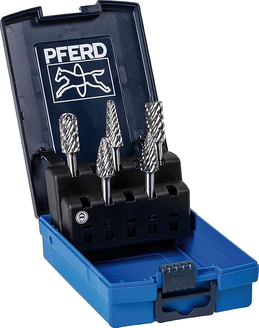 PFERD 5-Piece Tungsten Carbide Bur Set, Steel Cut, 1/4" Shank, for Hard Metal Grinding & Deburring, Includes Plastic Case ??Part 26553