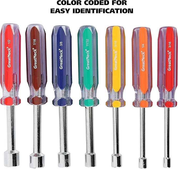 Great Neck ND72 7-Pc SAE Nut Driver Set, Nut Drivers for Automotive, Mechanical, and DIY Projects, Chrome Vanadium Steel, Acetate Color-Coded Handles, Rust-Resistant, ANSI Rated Tools