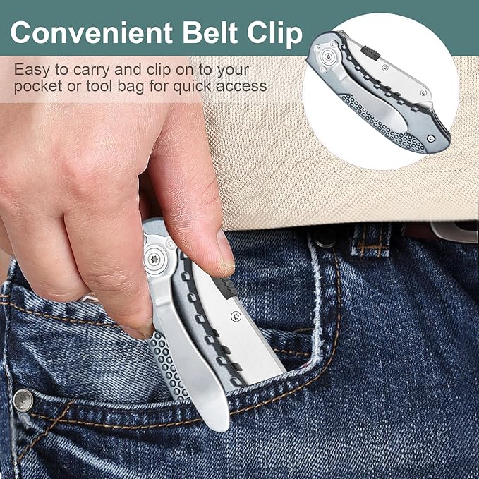Vickay Folding Utility Knife, Box Cutter with Heavy Duty SK5 Quick Change Blades, Safety Axis Lock Design Razor Knife, Lightweight Aluminum Handle Belt Clip for Office Home Artcraft (Grey)