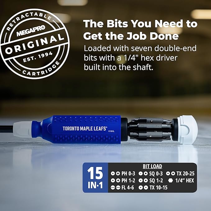 MEGAPRO짰 NHL짰 Team Edition Multi-bit Screwdriver | Officially Licensed NHL짰 Gear | Durable, Ergonomic, Pro-Grade Screwdriver (Toronto Maple Leafs짰)