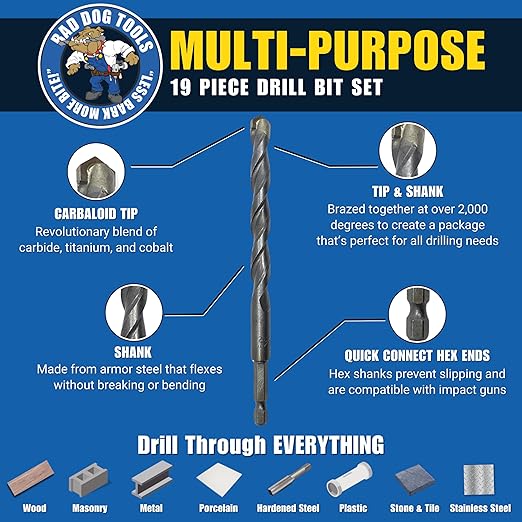 Bad Dog 19 Piece Multipurpose High Speed Drill Bit Set. Unique Carbide, Titanium, Cobalt Tip & Armor Steel Hex Shank. Made in USA. Drill Through Everything! Hardened Steel, Masonry, Wood, Tile & More