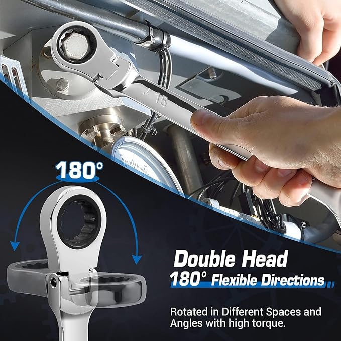 DISEN 16-18mm Extra Long Flex Head Ratcheting Wrench, Double Box End Long Reach Ratchet Wrench, CRV Steel, Metric