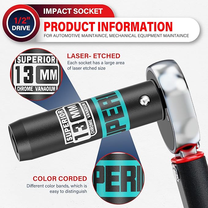 1/2" Drive Impact Socket, 13 mm Deep Socket, Metric, 6 Point, CR-V, for Automotive Maintaince, Mechanical Equipment Maintaince